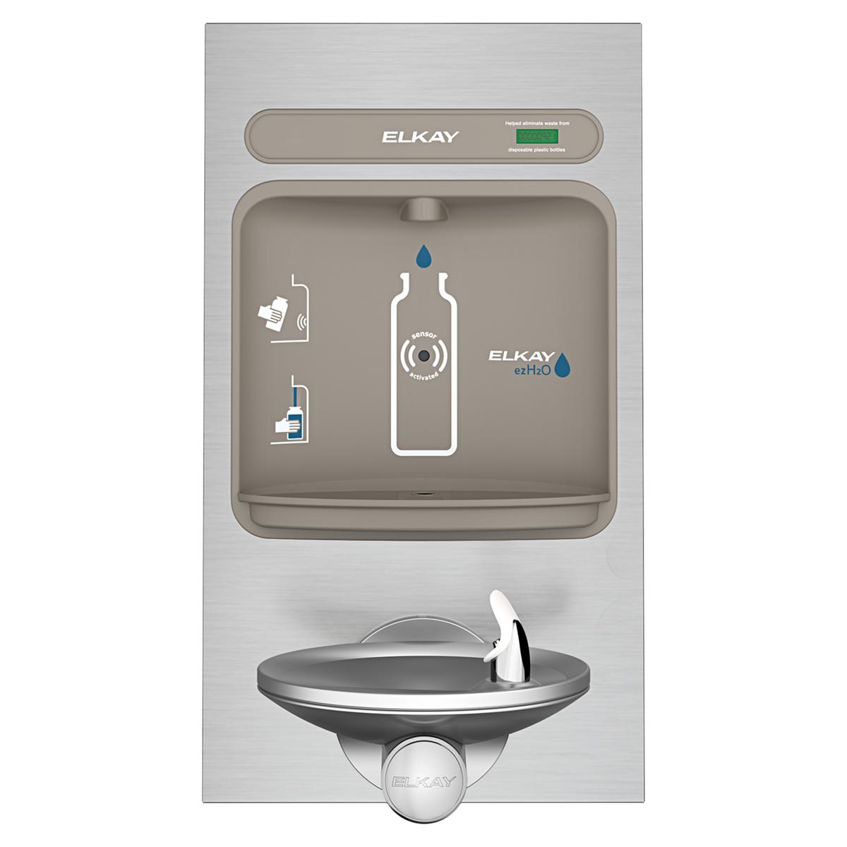Stainless steel wall-mounted bottle filling station with integrated fountain bowl and bottle fill spout.