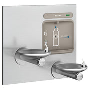 Stainless steel wall-mounted water station with two curved drinking fountains and bottle filling spout.