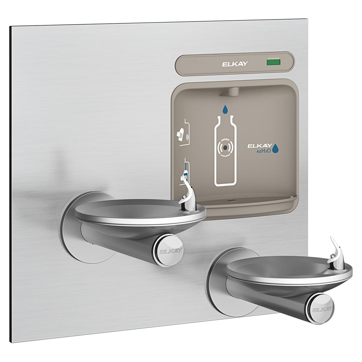 Stainless steel wall-mounted water station with two curved drinking fountains and bottle filling spout.