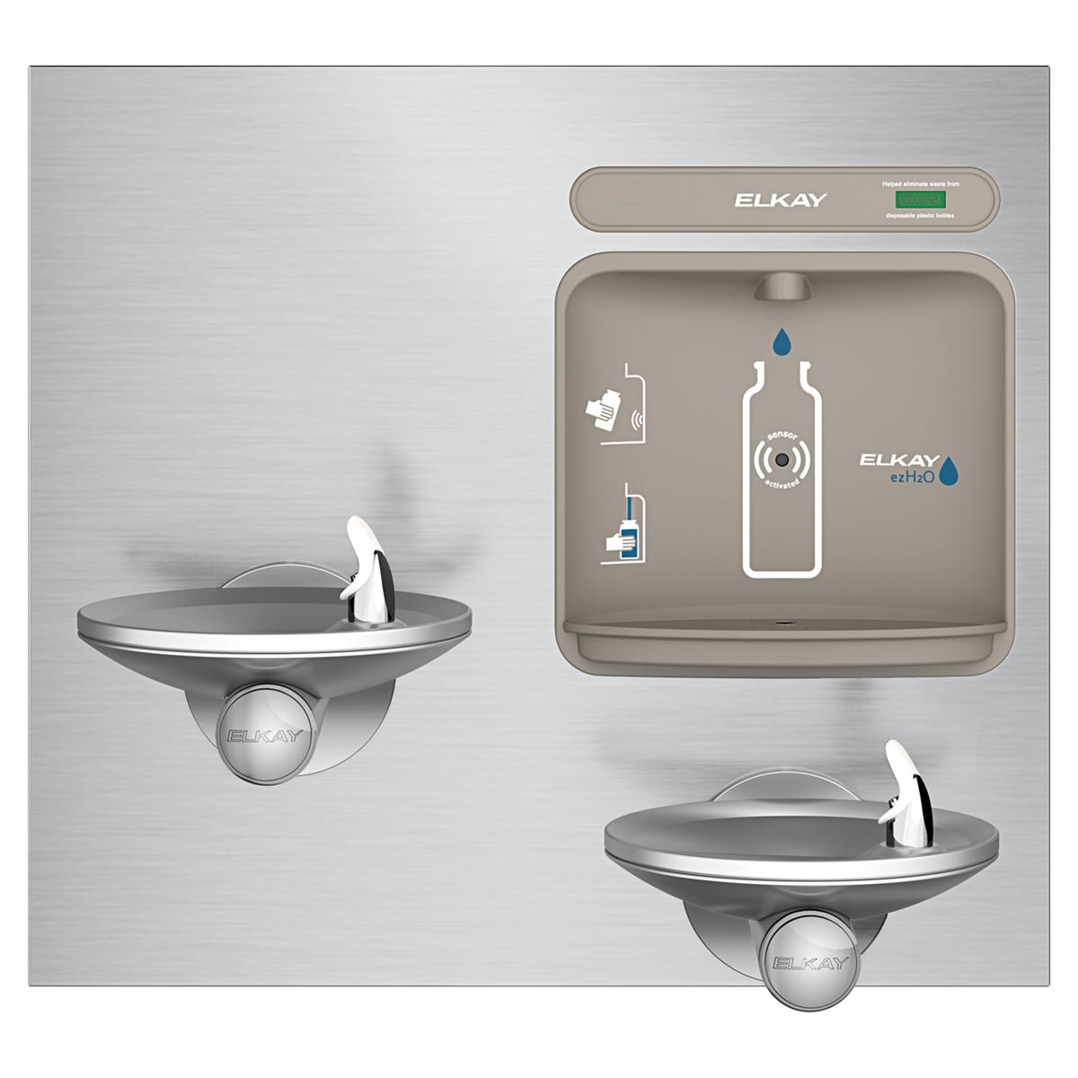 Stainless steel dual-level water filling station with upper and lower fountain bowls and digital display panel.