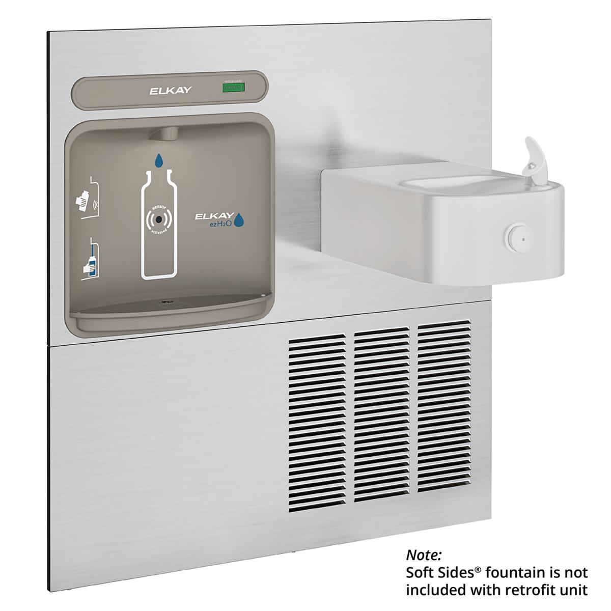Elkay ezH2O stainless steel wall-mounted water station with bottle filling port on left and separate white fountain basin on 
