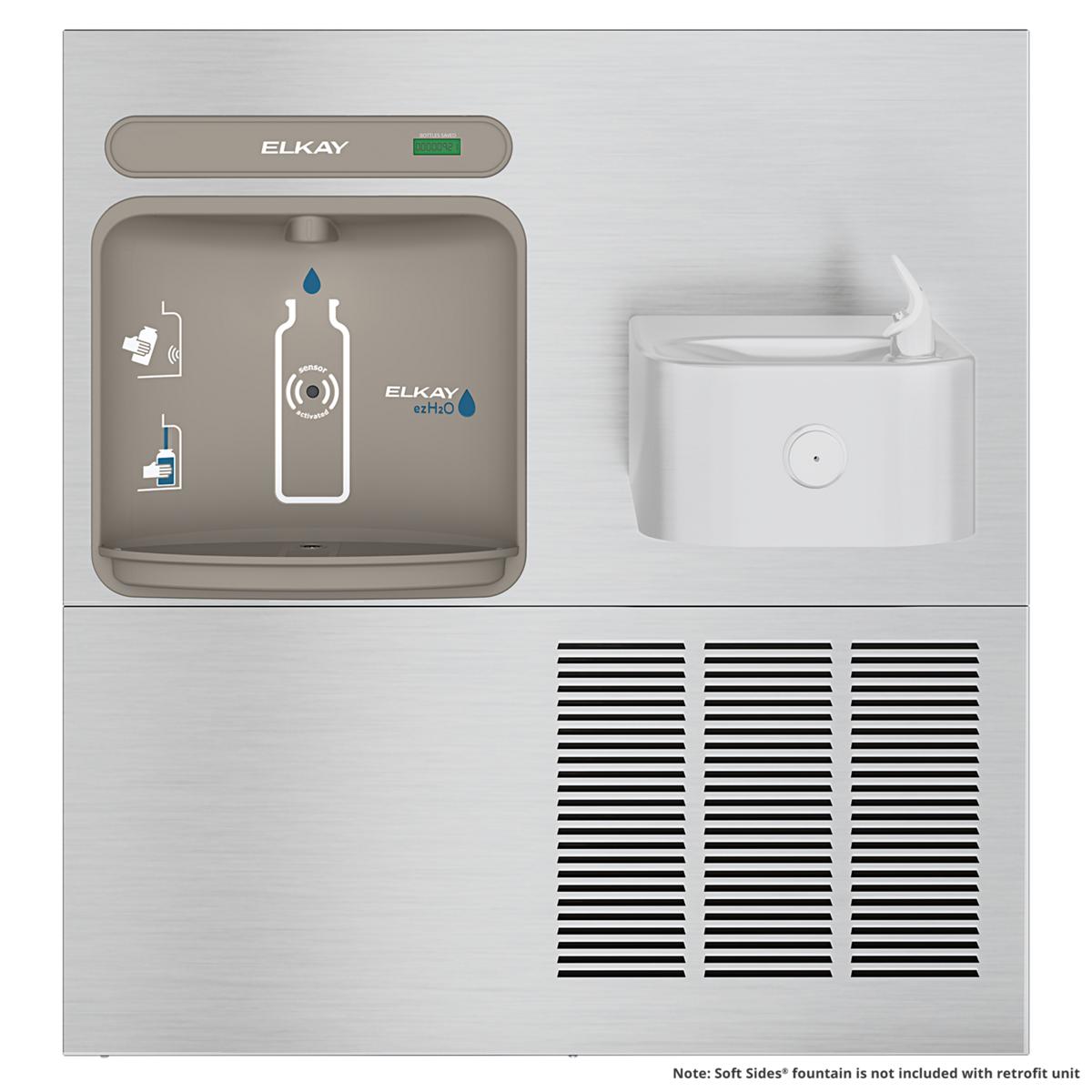 Stainless steel water fountain with bottle filling station on left, soft sides basin on right, and refrigeration unit below w