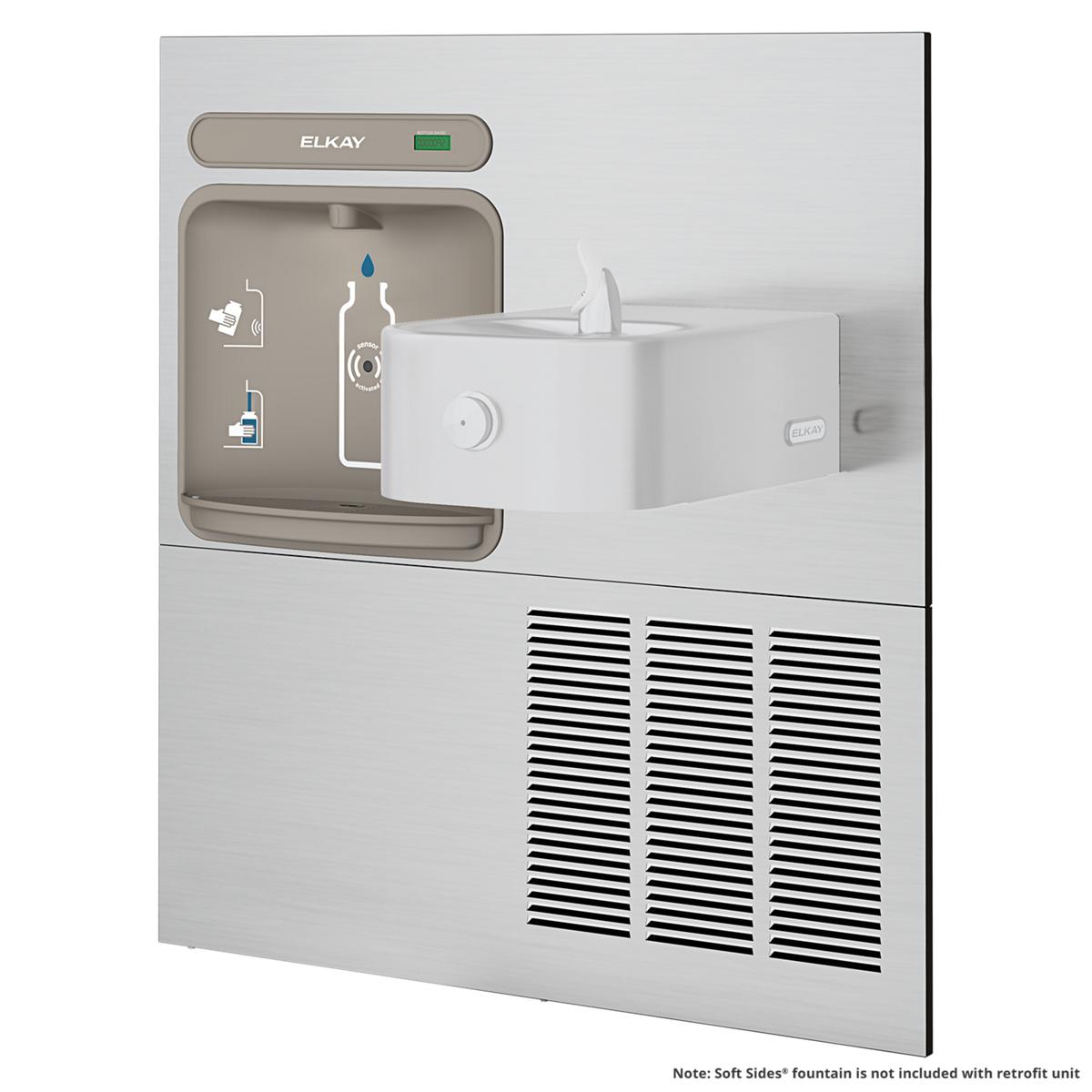 Elkay stainless steel water filling station with bottle filler spout, soft sides fountain basin, and refrigeration unit with 