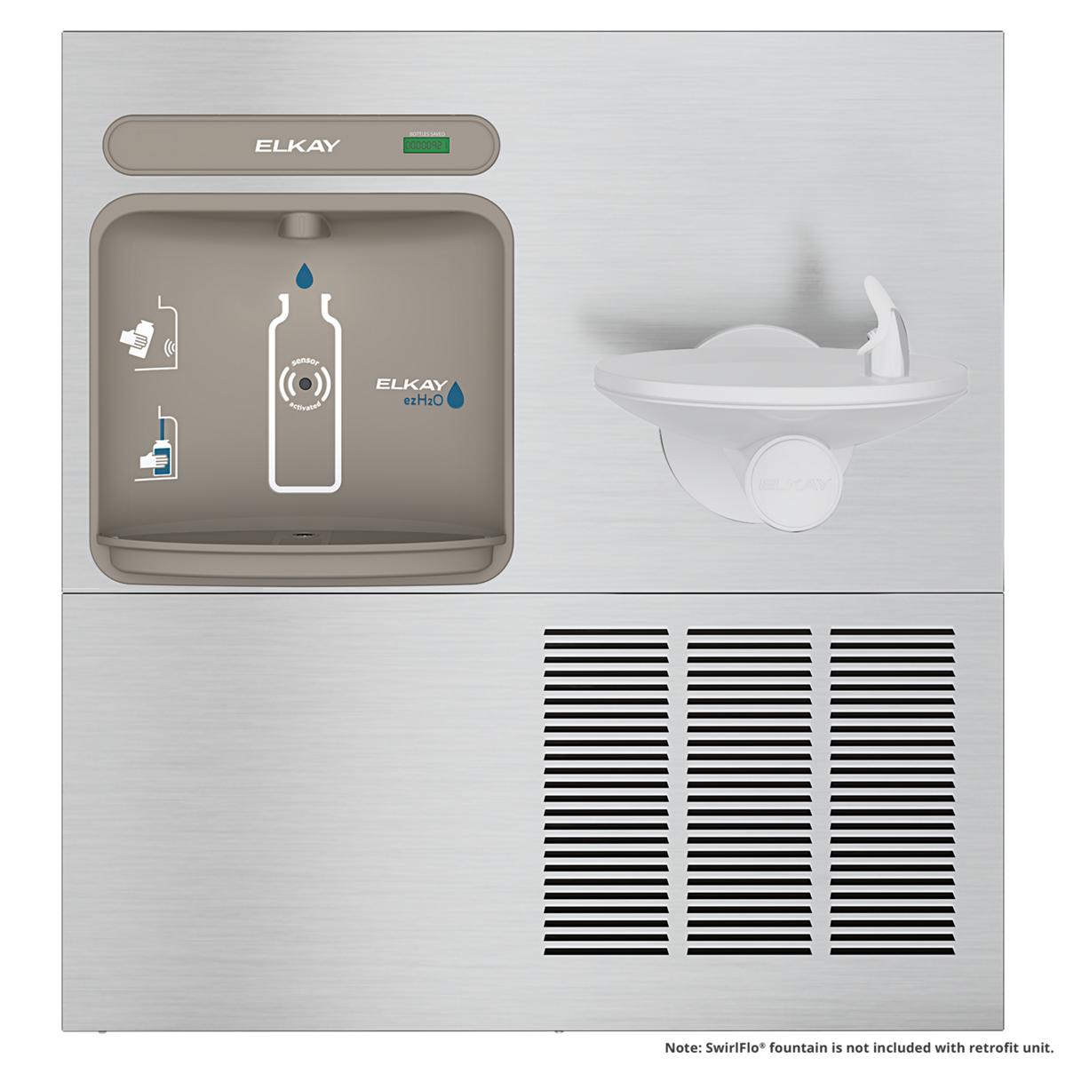 Stainless steel water bottle filling station with refrigeration unit, SwirlFlo fountain spout, and control panel with green i