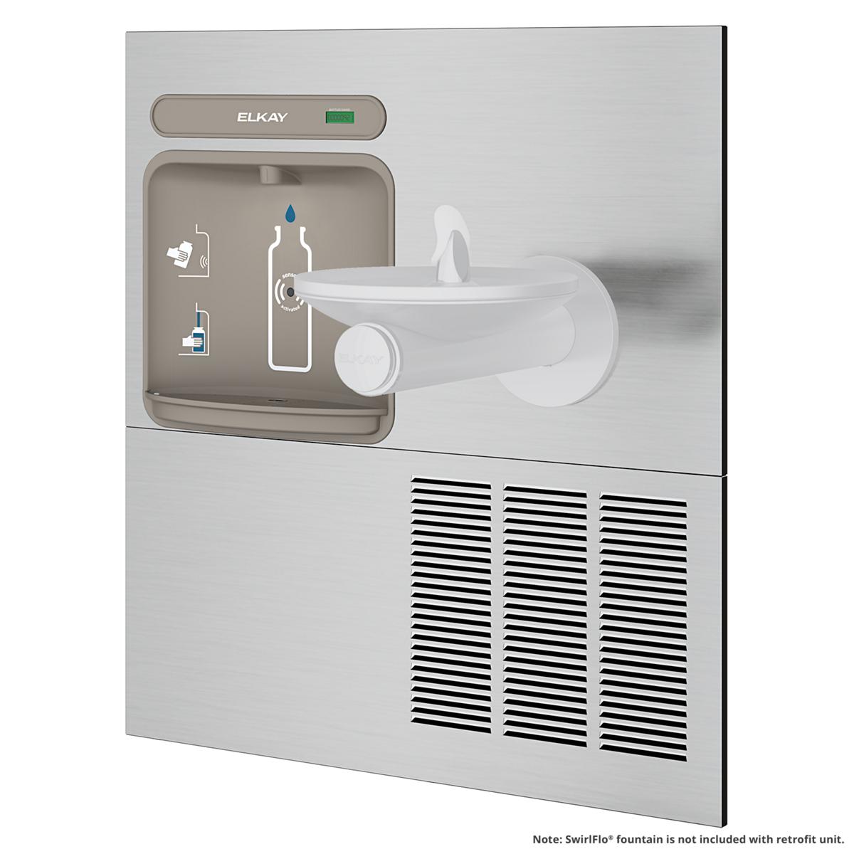 Stainless steel wall-mounted water station with bottle filling spout, fountain nozzle, control panel, and refrigeration vents