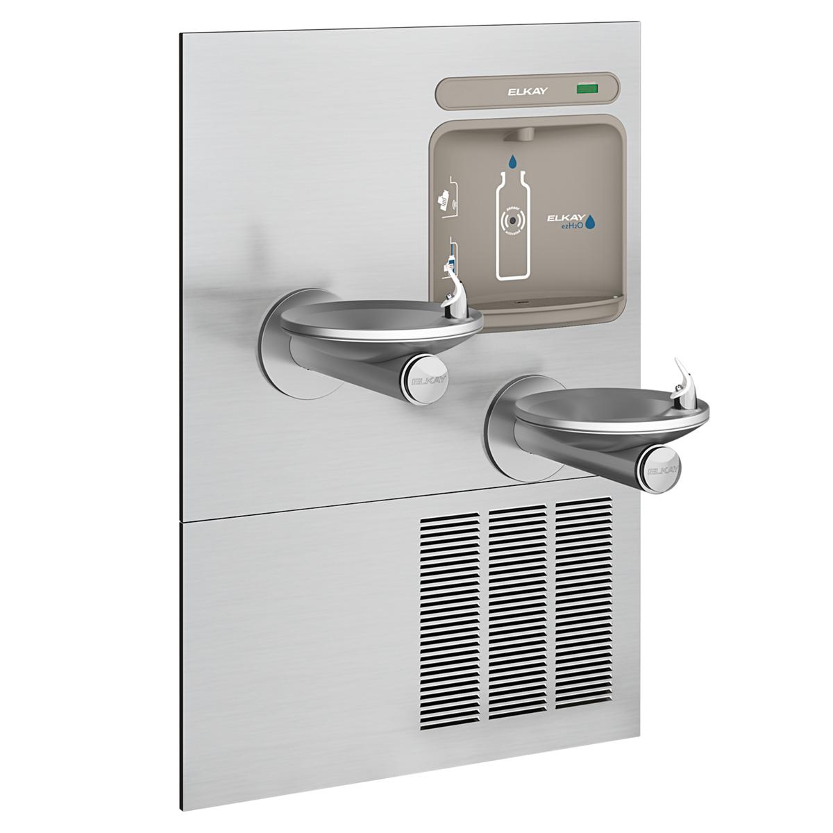 Elkay stainless steel wall-mounted bottle filling station with two curved drinking fountains and refrigeration unit.