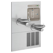 Elkay stainless steel wall-mounted bottle filling station with two curved drinking fountains and refrigeration unit.
