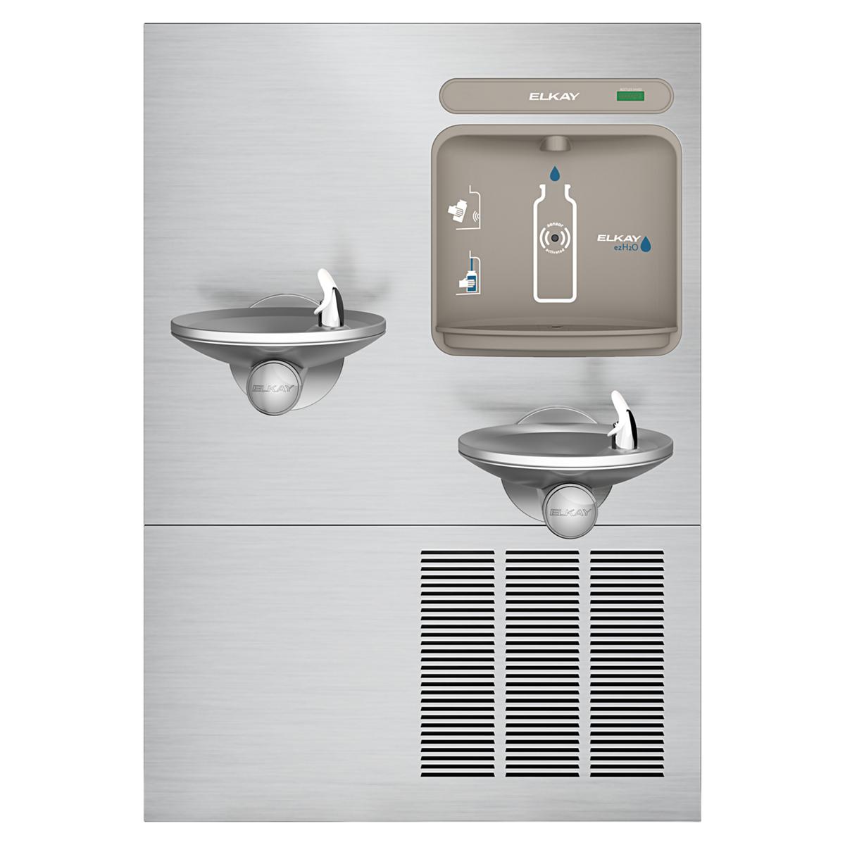 Stainless steel wall-mounted water bottle filling station with two drinking fountains at different heights and refrigeration 