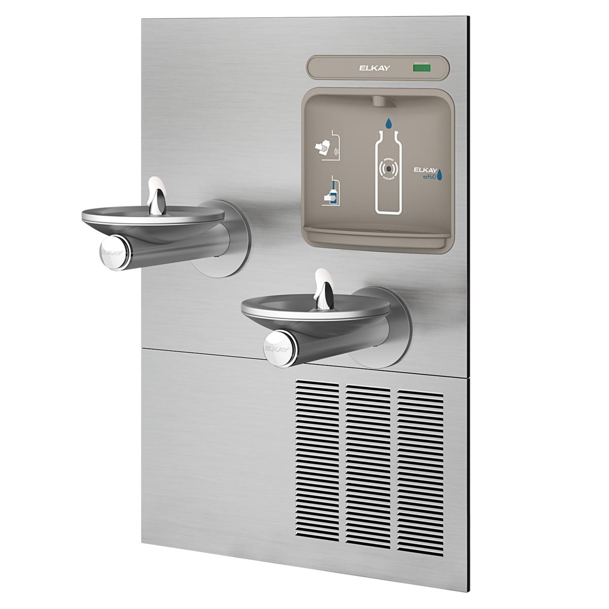 Stainless steel wall-mounted water fountain with two curved drinking basins, refrigeration unit, and digital control panel wi