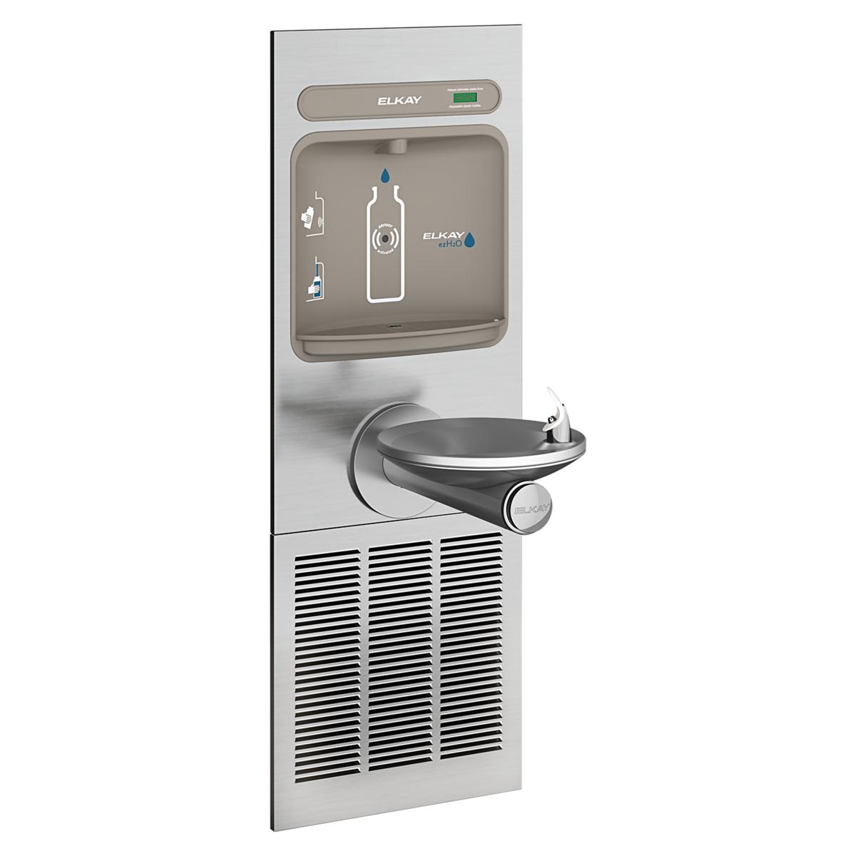 Stainless steel wall-mounted water filling station with bottle fill slot, integral fountain bowl, and refrigeration unit with