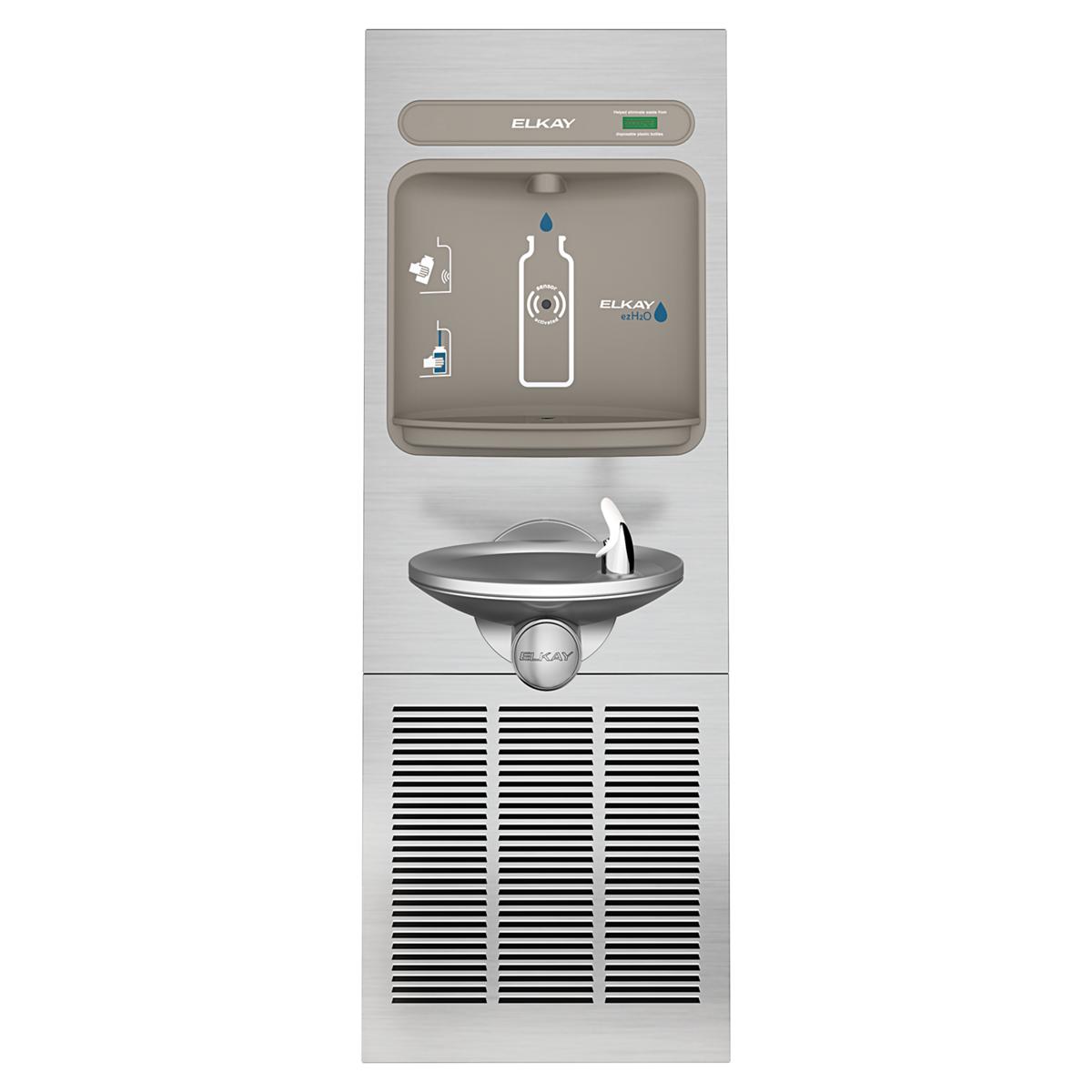 Stainless steel Elkay ezH2O bottle filling station with integral fountain, refrigeration unit below, and control panel at top