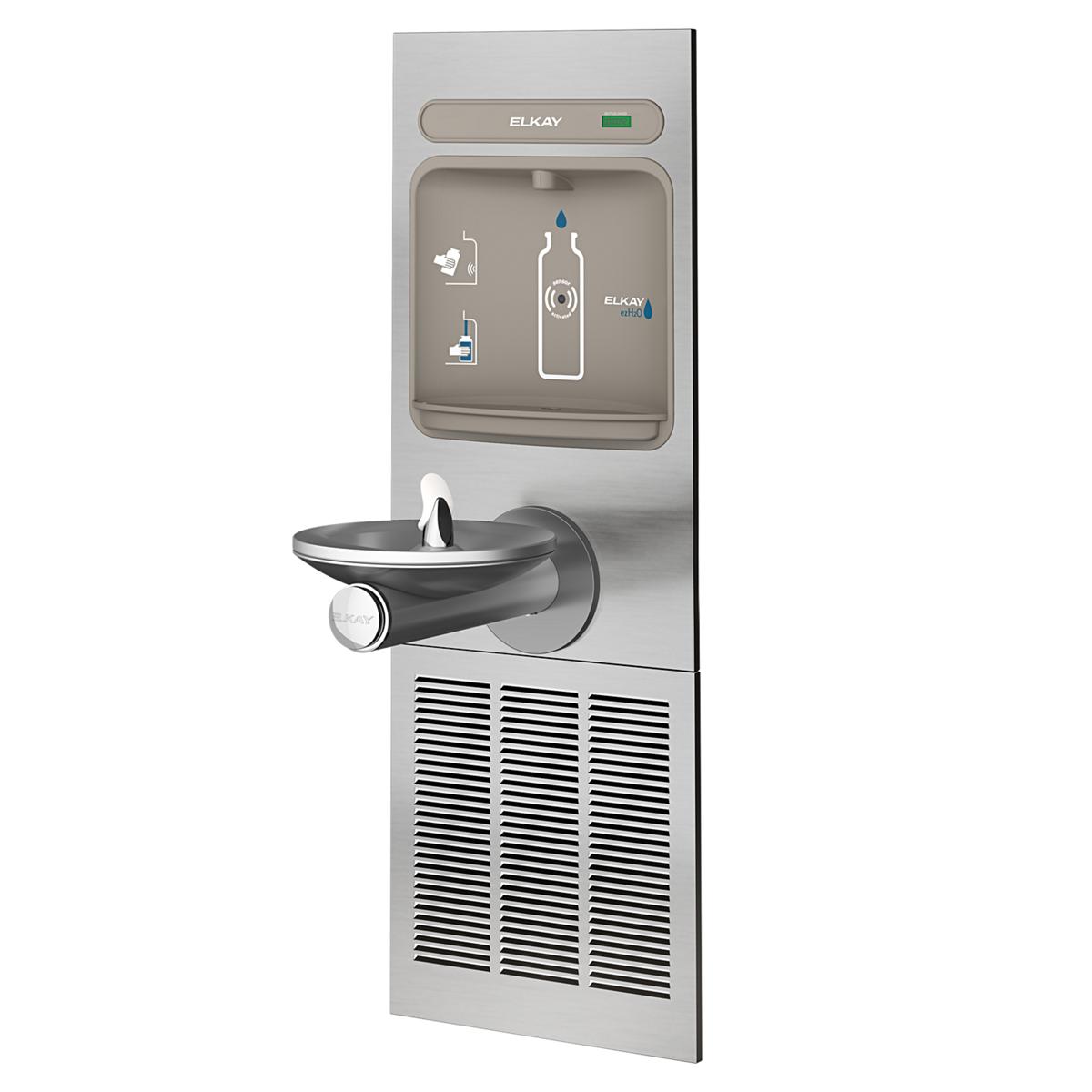 Stainless steel wall-mounted water fountain and bottle filling station with curved drinking spout, display screen, and refrig