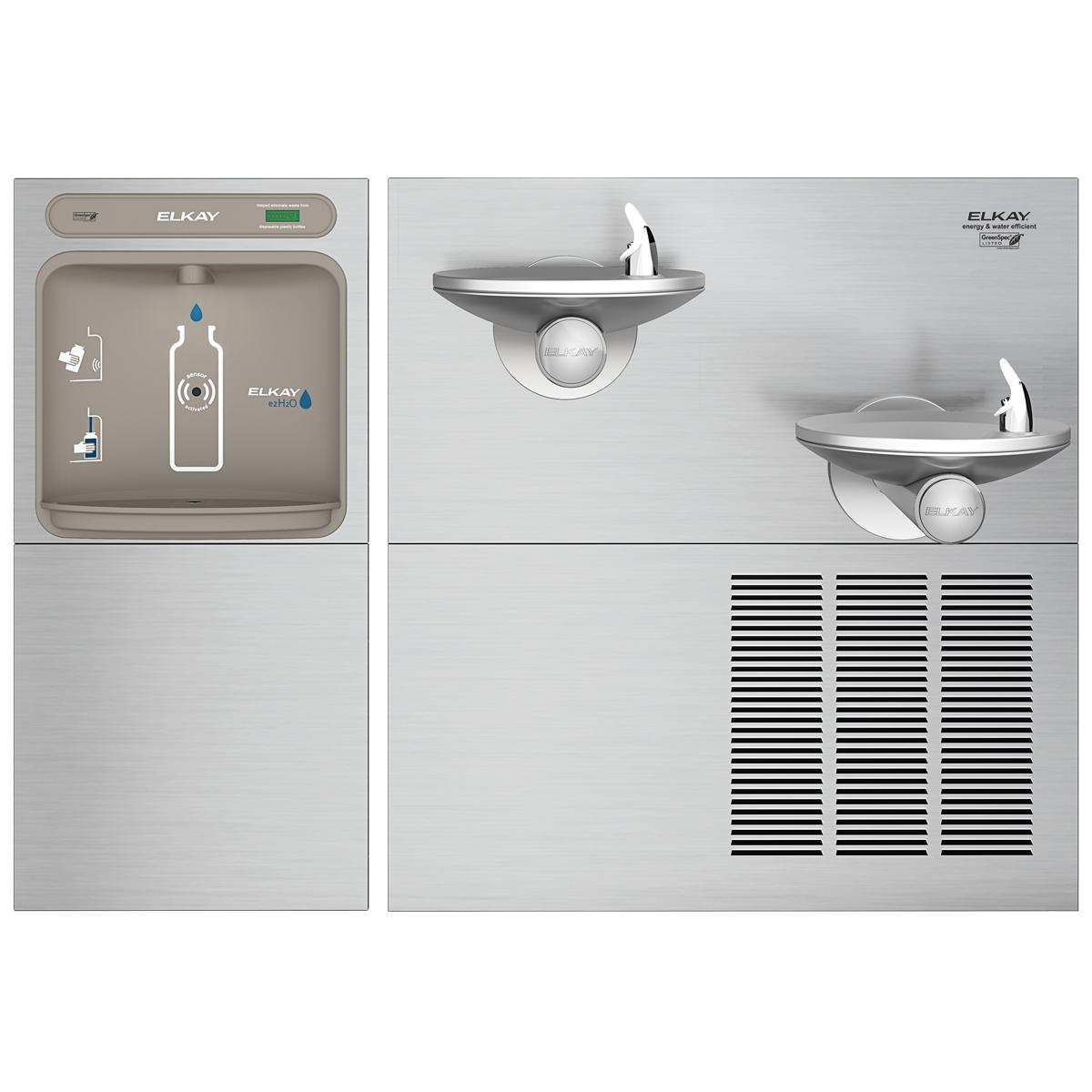 Stainless steel water fountain with bottle filling station on left and dual drinking fountains with cooling vents on right.