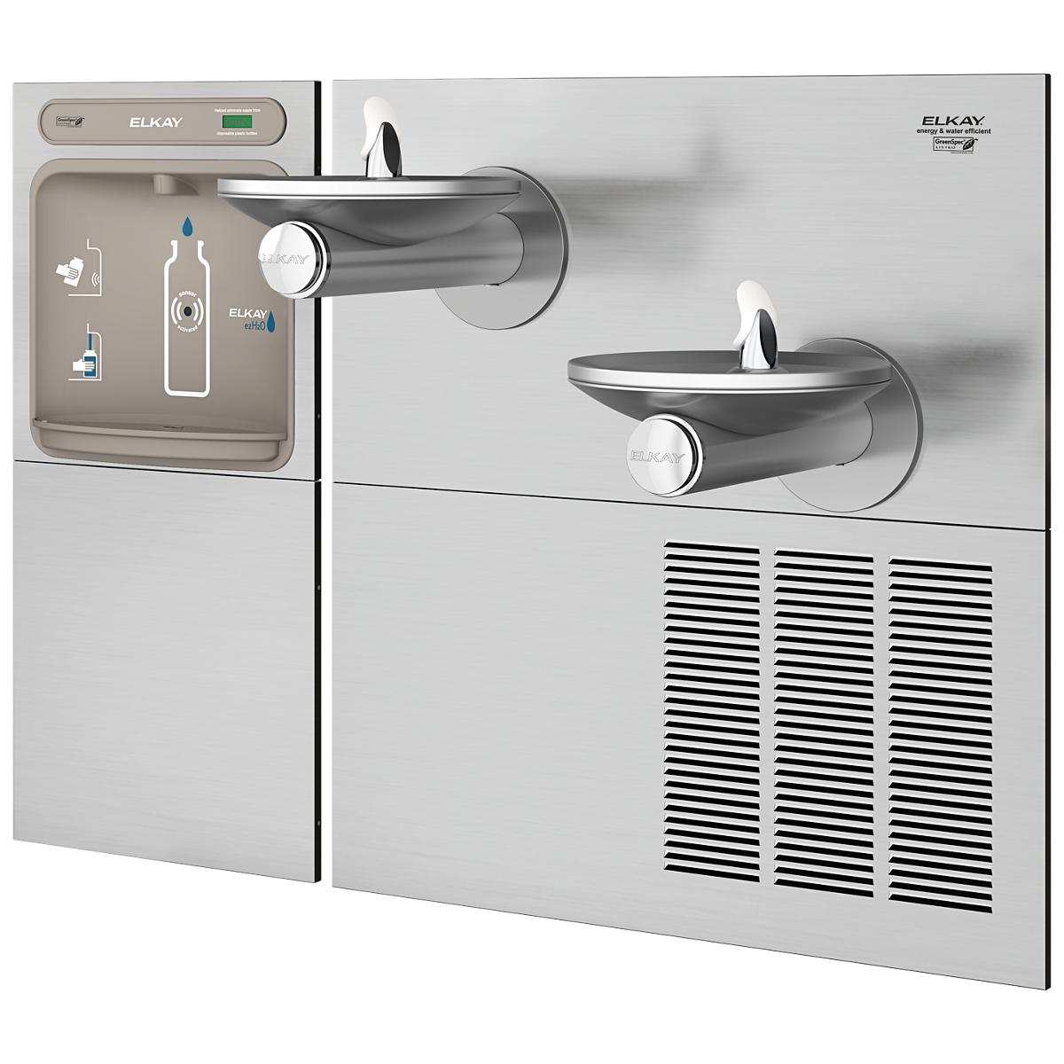 Stainless steel wall-mounted water fountain with upper bottle filling station and lower drinking fountain, featuring dual spo