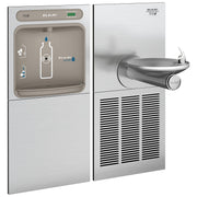 Elkay stainless steel bottle filling station with refrigerated water fountain and curved drinking spout, control panel visibl