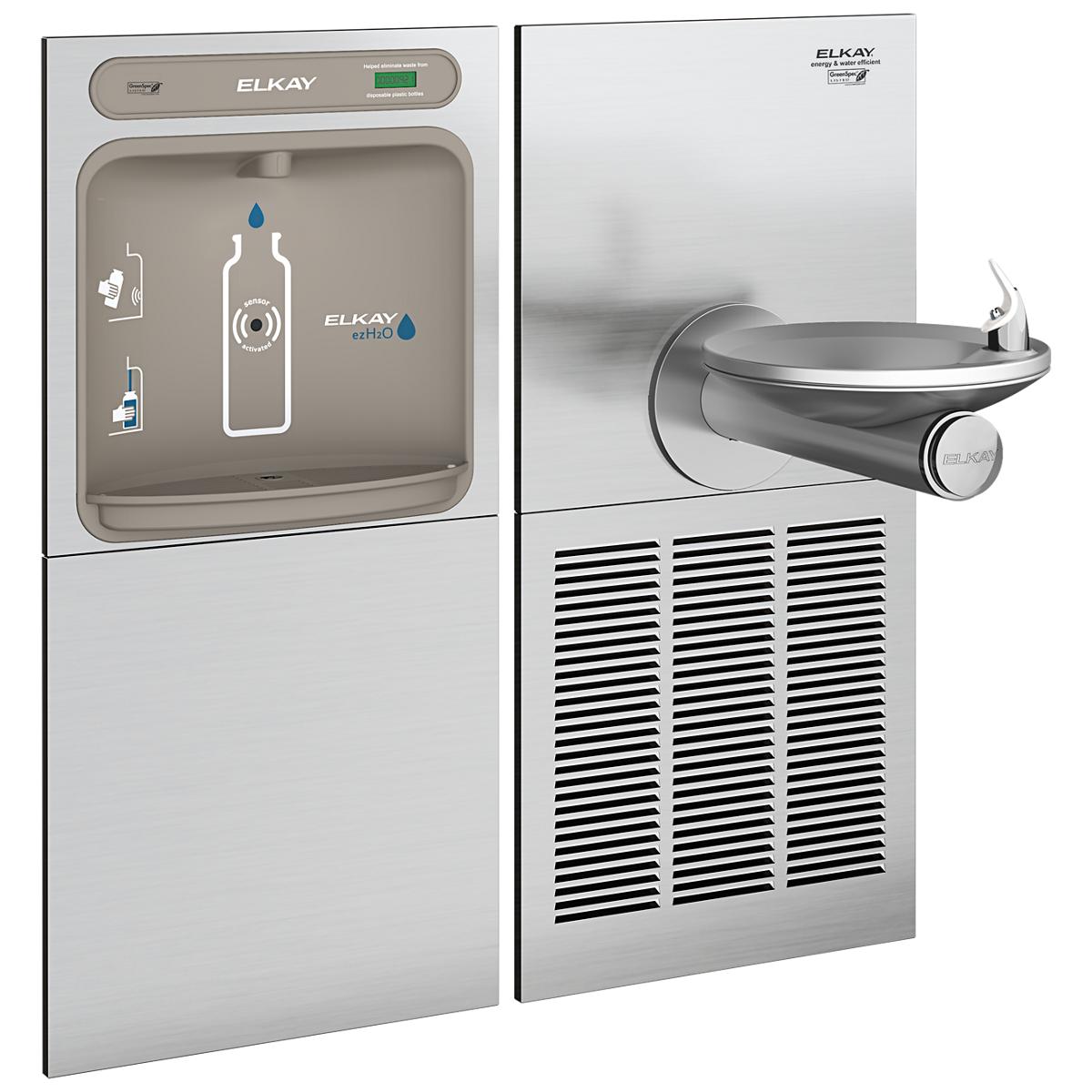 Elkay stainless steel bottle filling station with refrigerated water fountain and curved drinking spout, control panel visibl