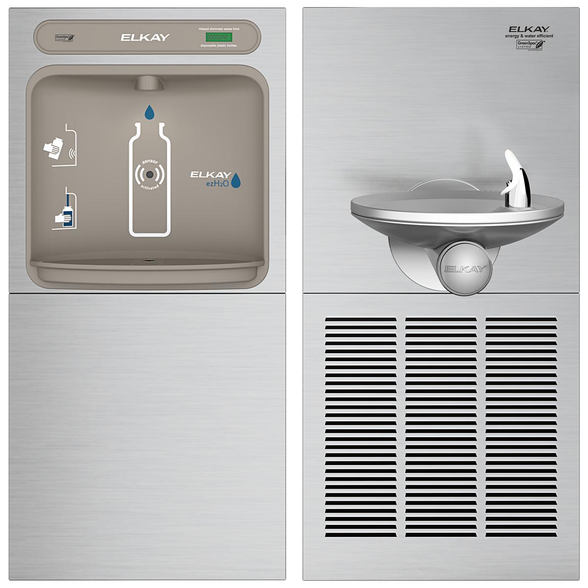 Elkay stainless steel water fountain with bottle filling station, single drinking bowl, and refrigeration unit with ventilati
