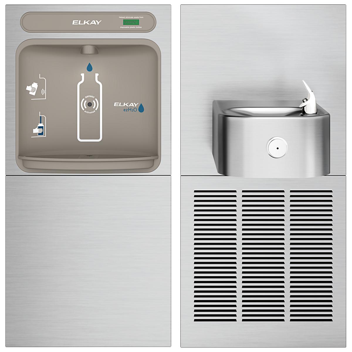 Elkay stainless steel bottle filling station with front panel showing bottle icon and operation symbols, and side view reveal
