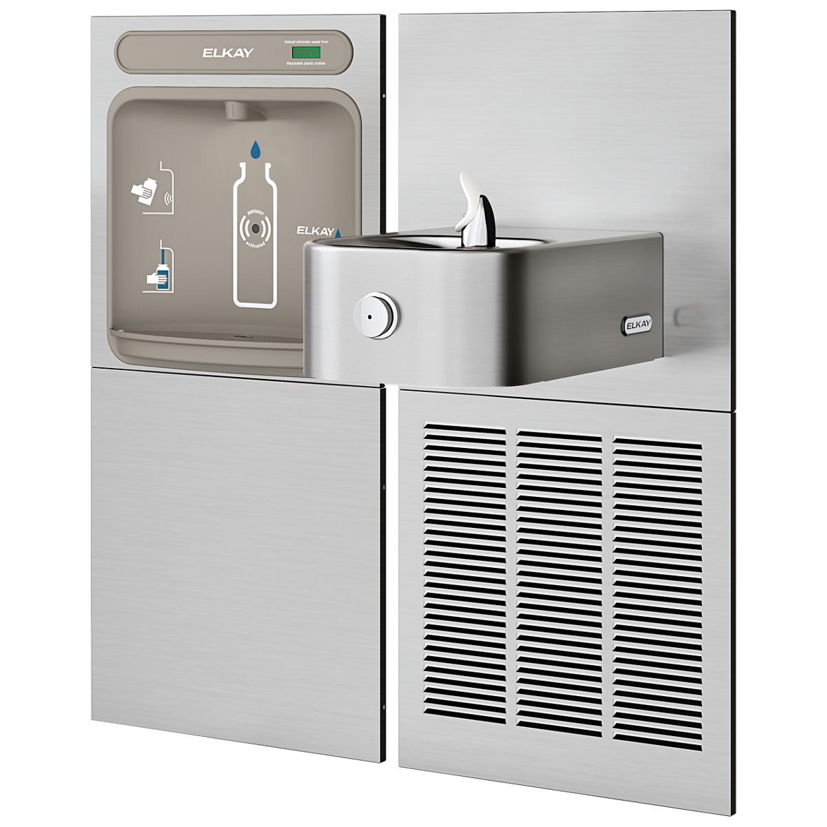 Stainless steel Elkay water fountain and bottle filling station with refrigerated reservoir and control panel.