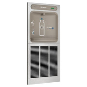 Stainless steel wall-mounted bottle filling station with refrigeration unit, featuring a bottle outline graphic and digital d