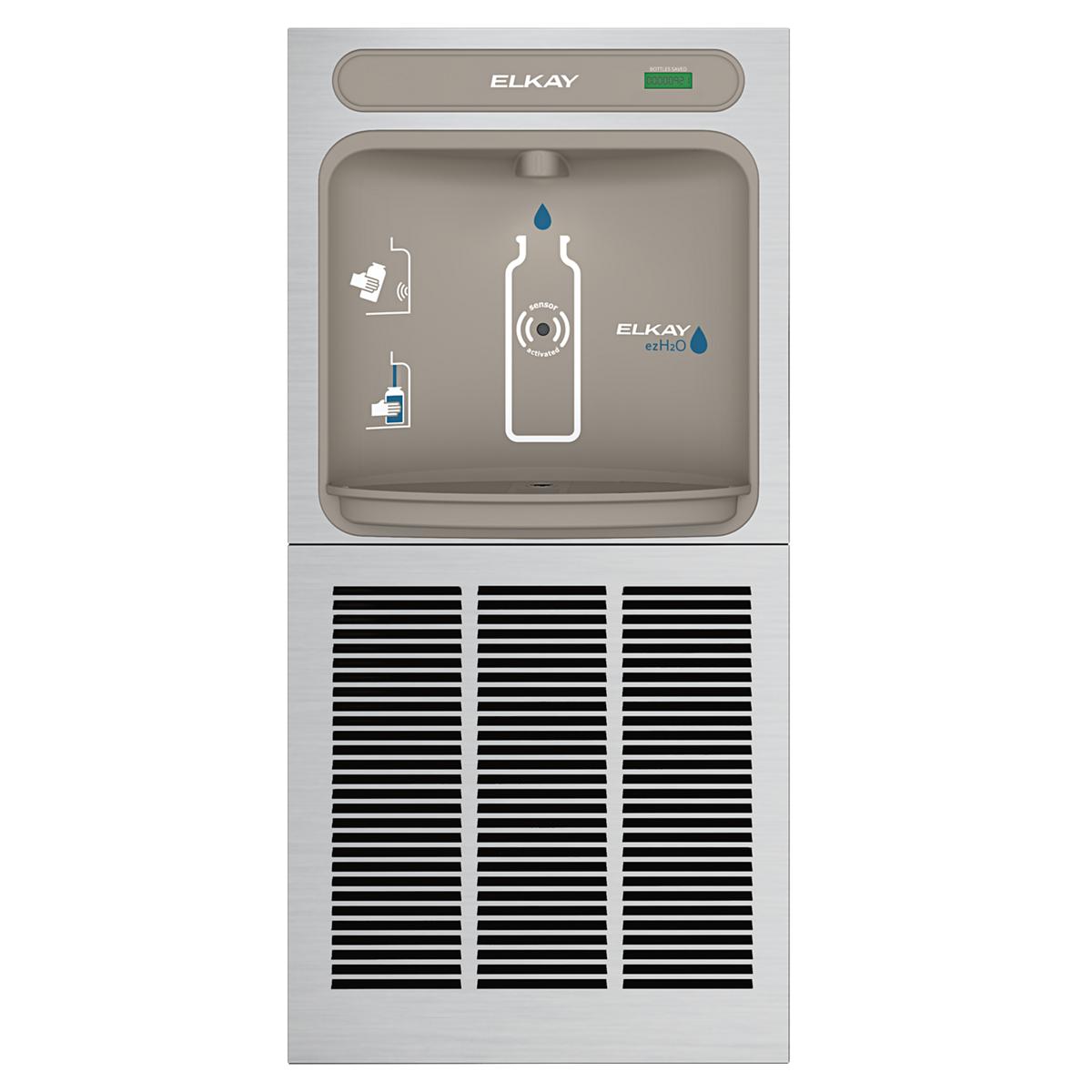Elkay ezH2O stainless steel in-wall bottle filling station with refrigeration unit and front-facing water bottle dispenser.