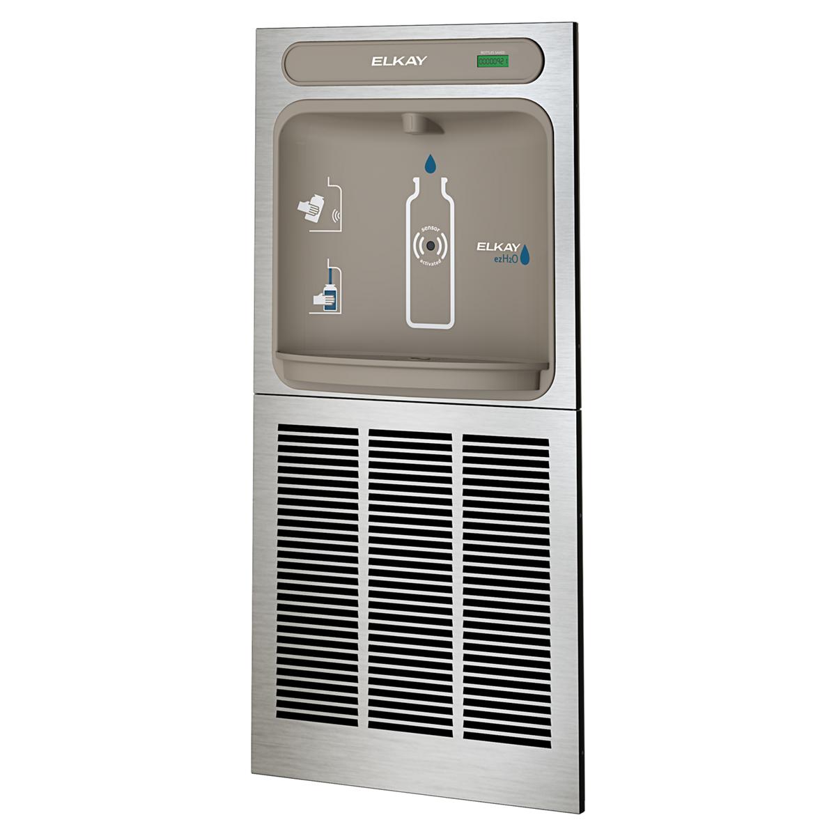 Stainless steel wall-mounted water bottle filling station with refrigeration unit, bottle fill icons, and horizontal vent gri
