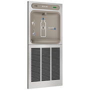 Elkay ezH2O stainless steel wall-mounted bottle filling station with refrigeration unit and control panel.