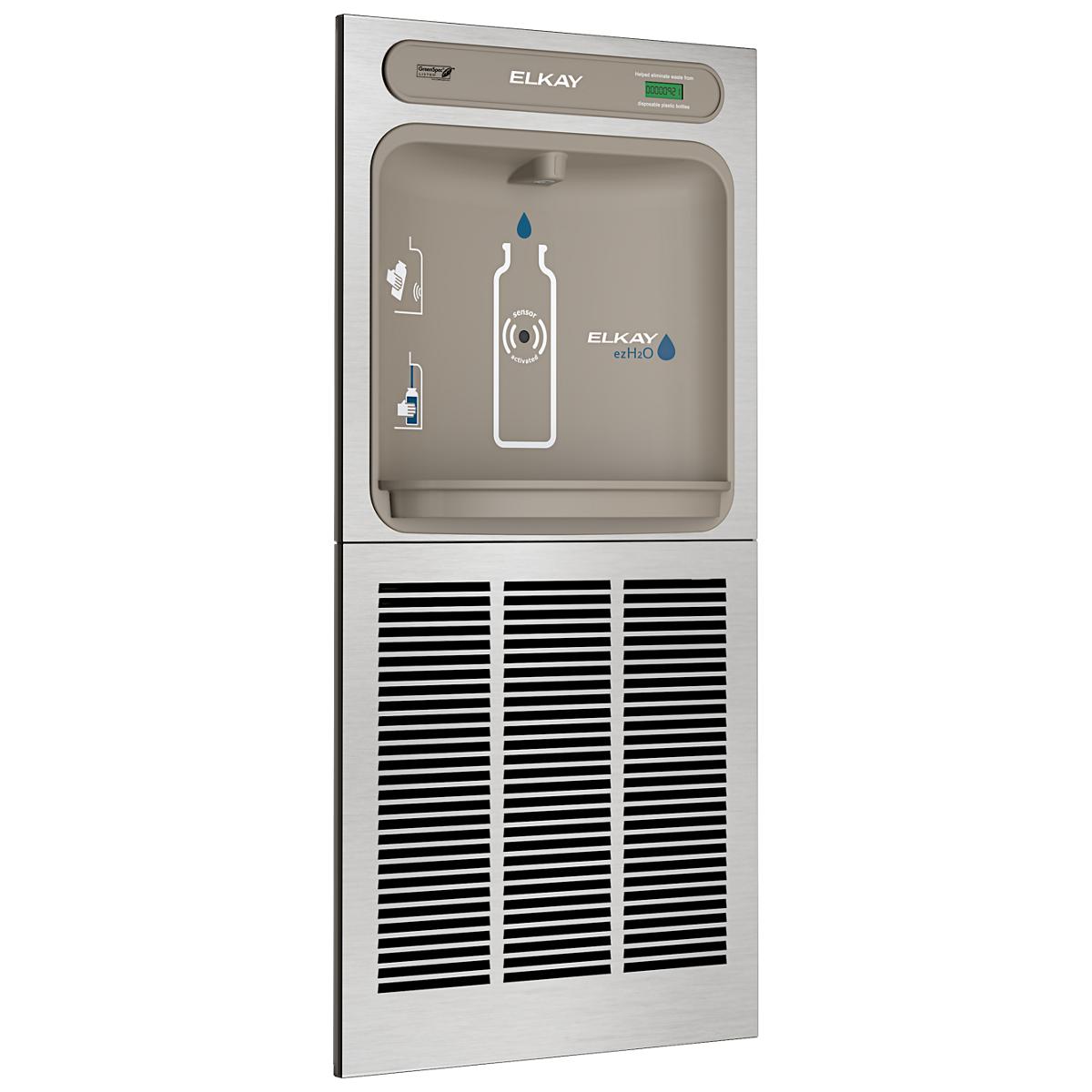 Elkay ezH2O stainless steel wall-mounted bottle filling station with refrigeration unit and control panel.