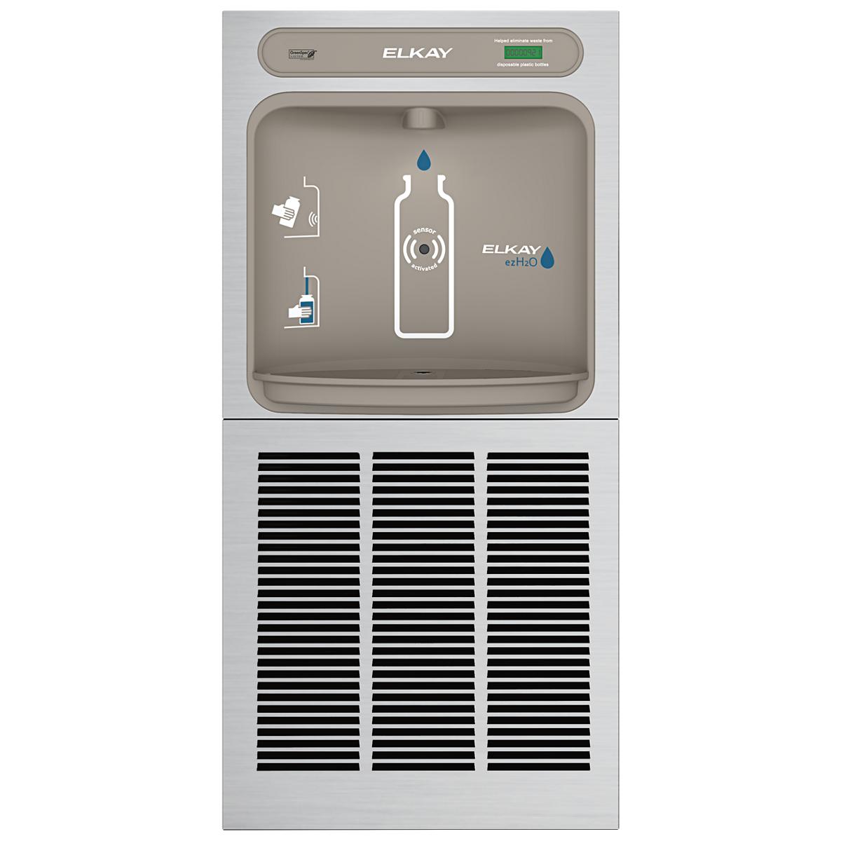 Elkay ezH2O stainless steel wall-mounted bottle filling station with refrigeration unit and instruction icons on front panel.