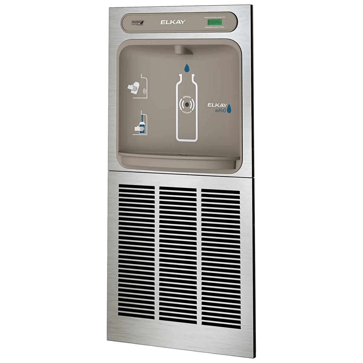 Elkay ezH2O wall-mounted stainless steel bottle filling station with refrigeration unit and bottle fill graphic display.