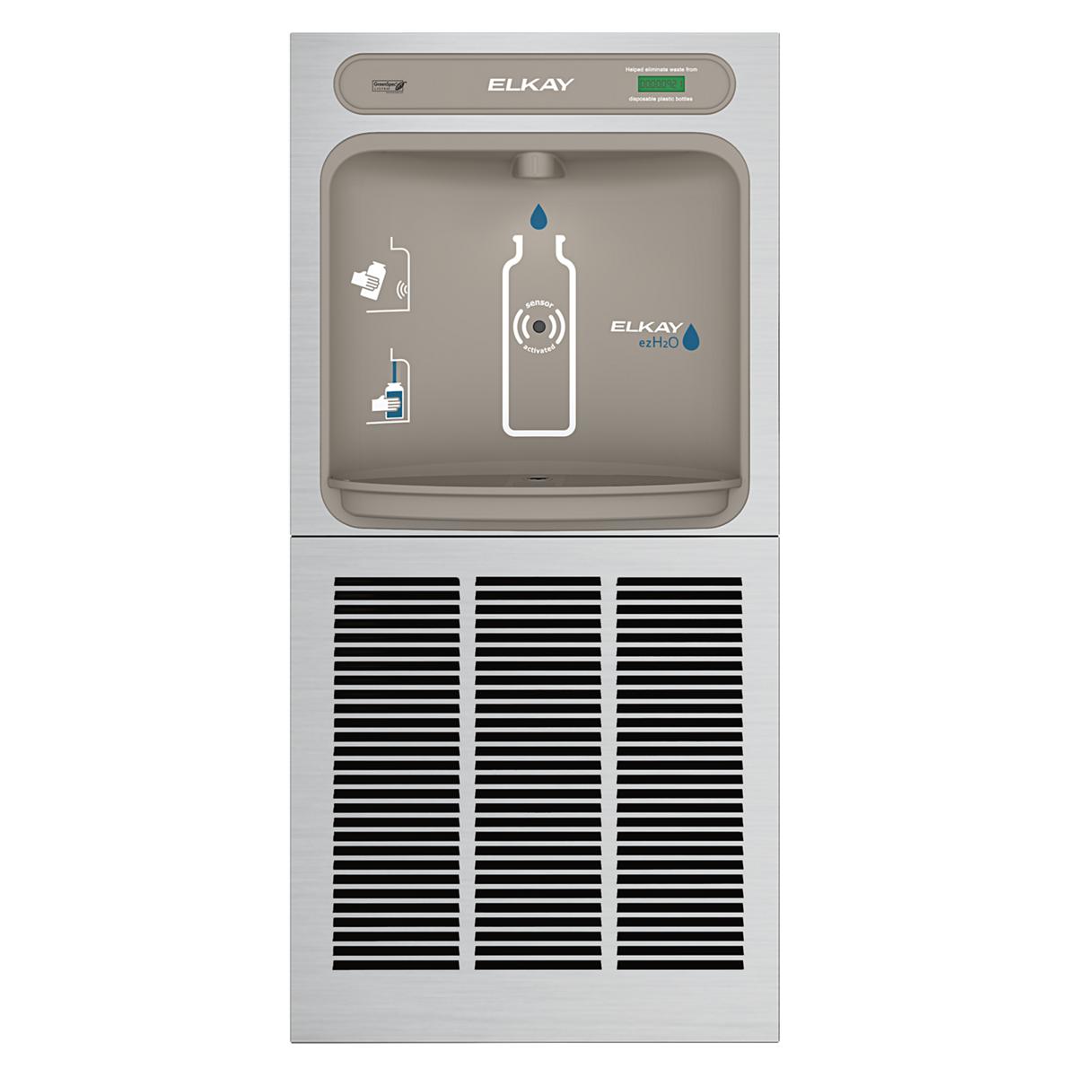 Stainless steel Elkay ezH2O in-wall bottle filling station with refrigeration unit, featuring water bottle illustration and c