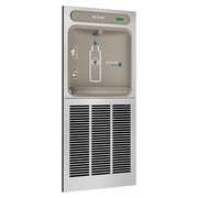 Elkay ezH2O stainless steel in-wall bottle filling station with refrigeration unit and control panel.