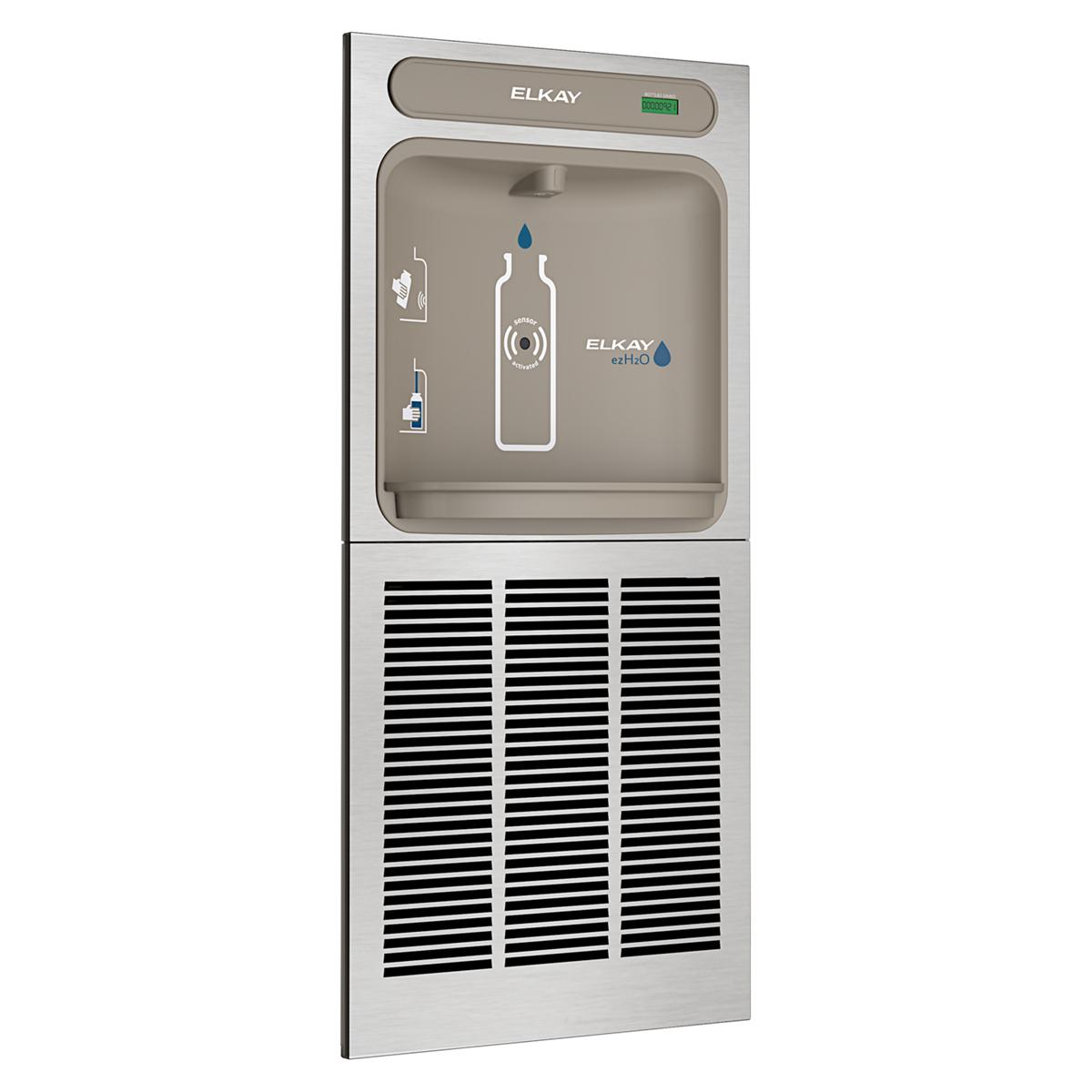 Elkay ezH2O stainless steel in-wall bottle filling station with refrigeration unit and control panel.