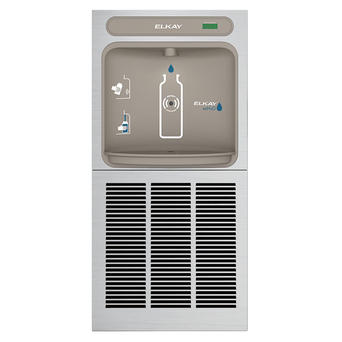 Stainless steel wall-mounted water bottle filling station with refrigeration unit and instructional graphics on front panel.