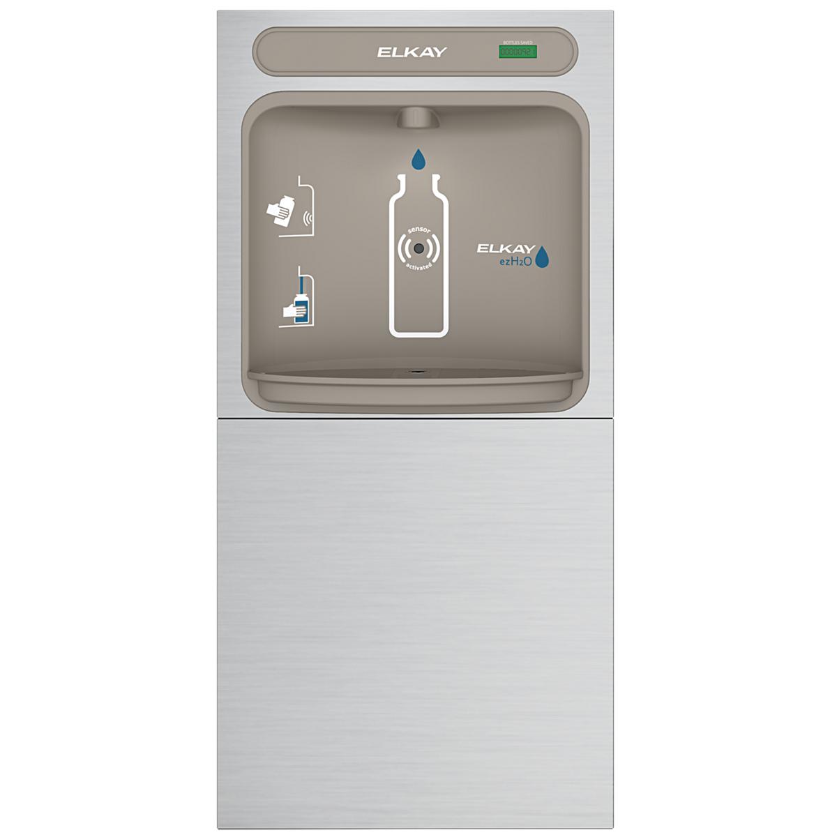 Elkay ezH2O stainless steel wall-mounted bottle filling station with taupe front panel and instruction icons.