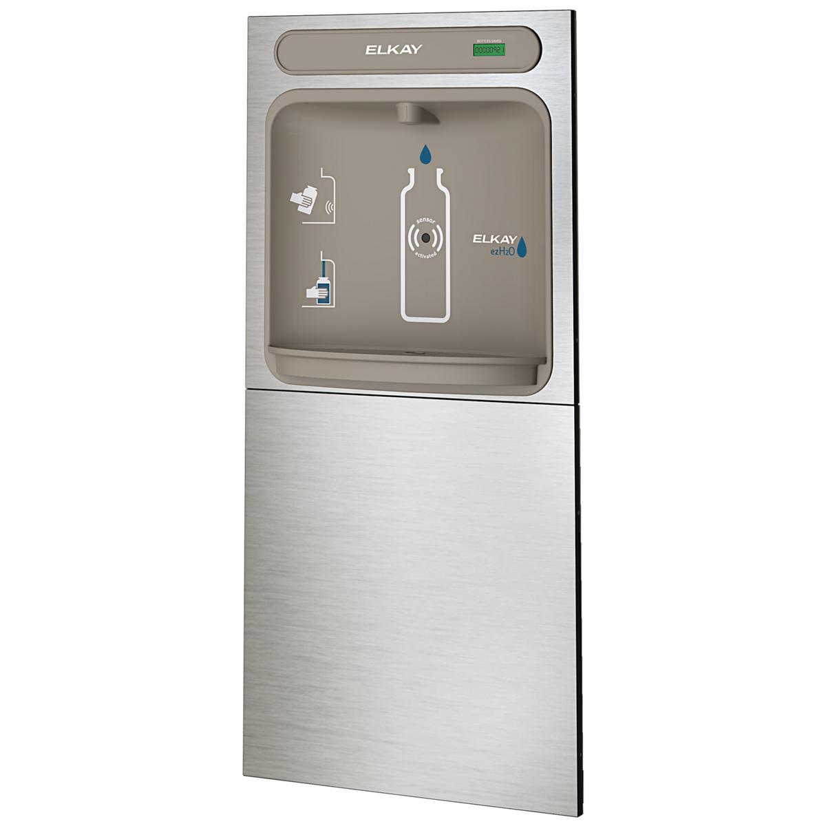 Elkay ezH2O stainless steel in-wall bottle filling station with taupe panel, water bottle icon, and usage instruction graphic