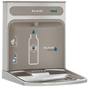 Elkay ezH2O stainless steel bottle filling station with sensor-activated dispenser and product instruction graphics on front 