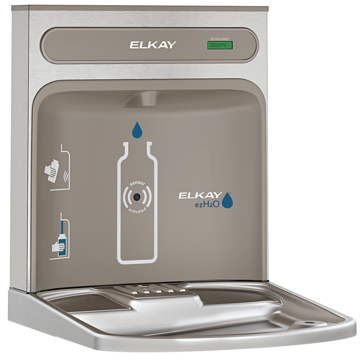 Elkay ezH2O stainless steel bottle filling station with sensor-activated dispenser and product instruction graphics on front 