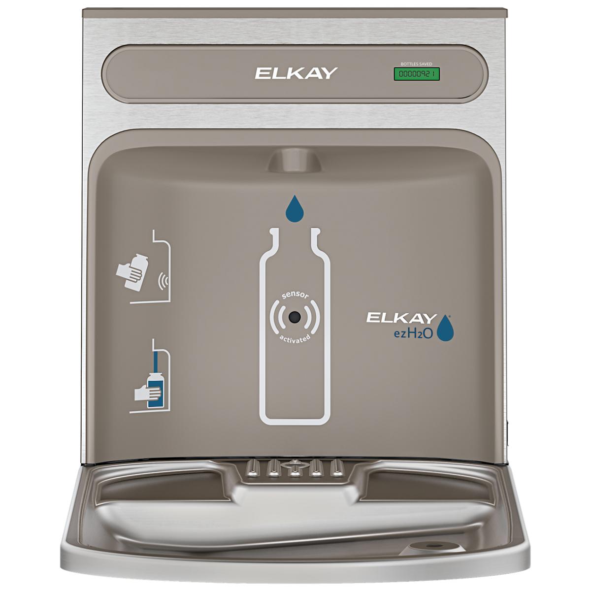 Elkay stainless steel bottle filling station with sensor-activated spout and digital display panel.