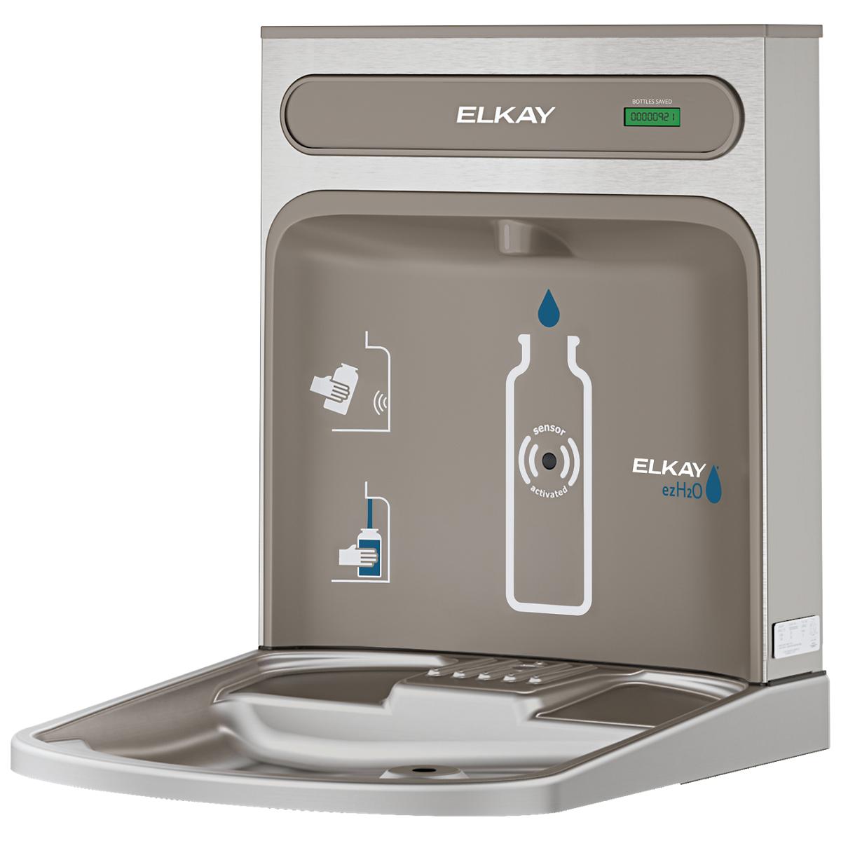 Elkay ezH2O bottle filling station with stainless steel housing, green digital display, and integrated basin.