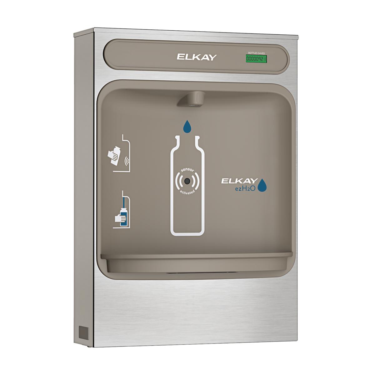 Stainless steel Elkay ezH2O bottle filling station with touchless dispenser and instruction icons on front panel.