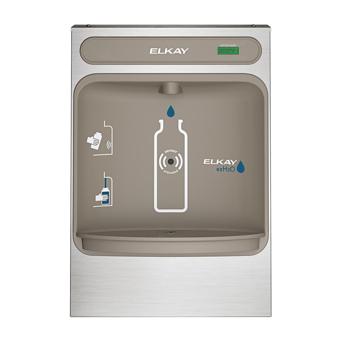 Stainless steel Elkay ezH2O bottle filling station with sensor-activated dispenser and digital display mounted on wall.