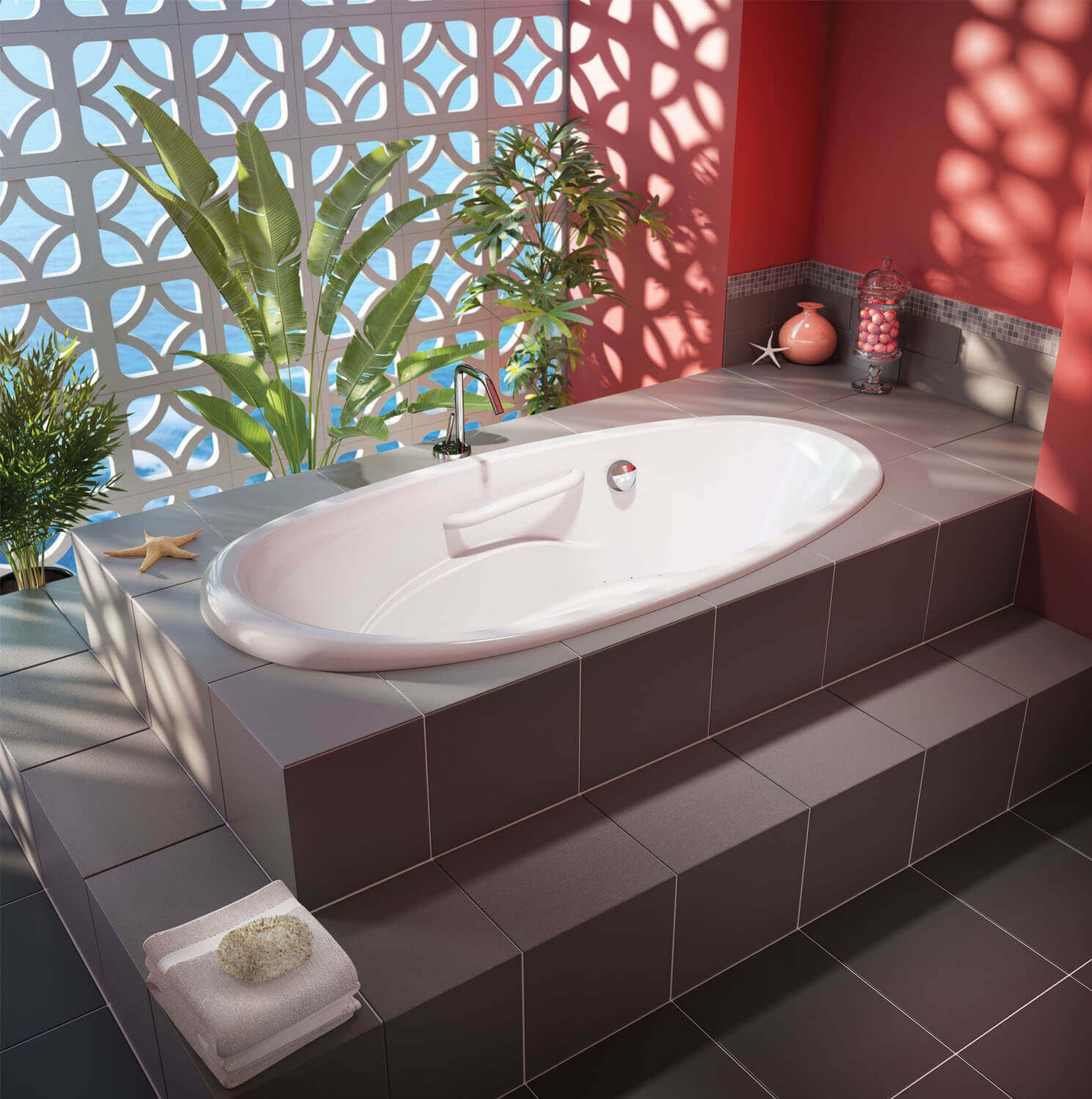 Bain Ultra Essencia 7236 Oval Freestanding 1-Person 61 Gallon Soaker Bathtub with 1-1/2" Standard Deck Raised Seat 2 Armrests and 2 Grab Bars in White - BESSOF00N-01