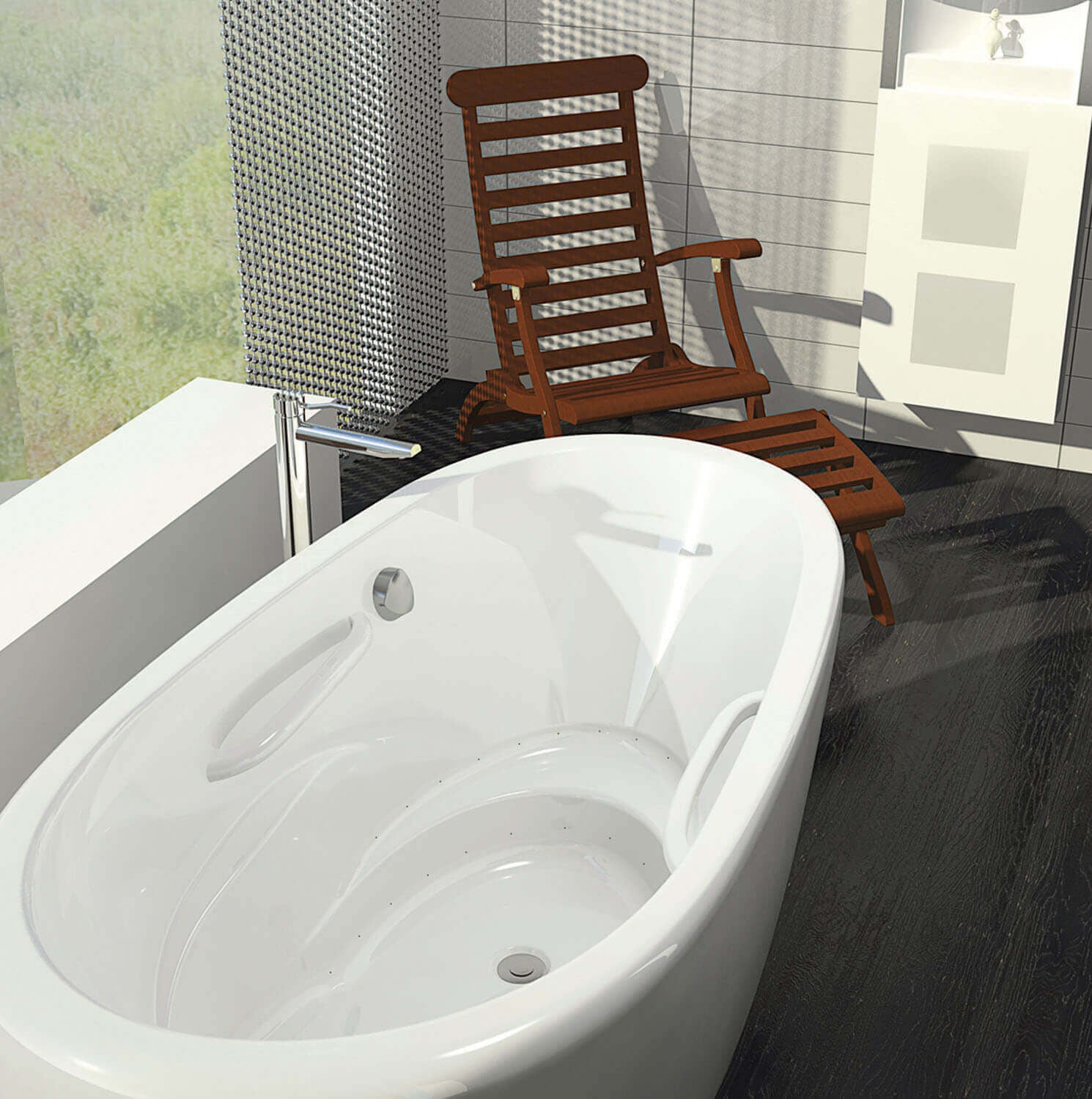 Bain Ultra Essencia 7236 Oval Drop In 1-Person 61 Gallon 50 Jet Thermomassuer Bathtub with 1-1/2" Standard Deck Raised Seat 2 Armrests and 2 Grab Bars in Biscuit - BESSOD00T-02