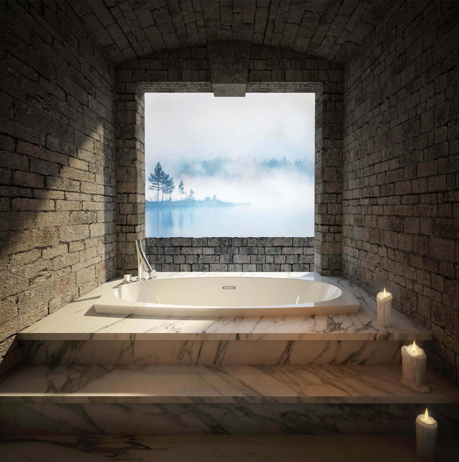 Biscuit-colored rectangular drop-in bathtub with heated backrest and headrest installed in marble deck within brick alcove.