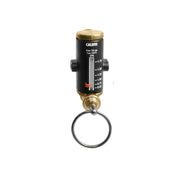 Black and brass Caleffi flow meter with digital display, adjustment knobs, and threaded brass connection fitting.
