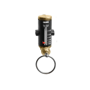 Caleffi flow meter with brass fittings, black measuring body, and attached ring connector.