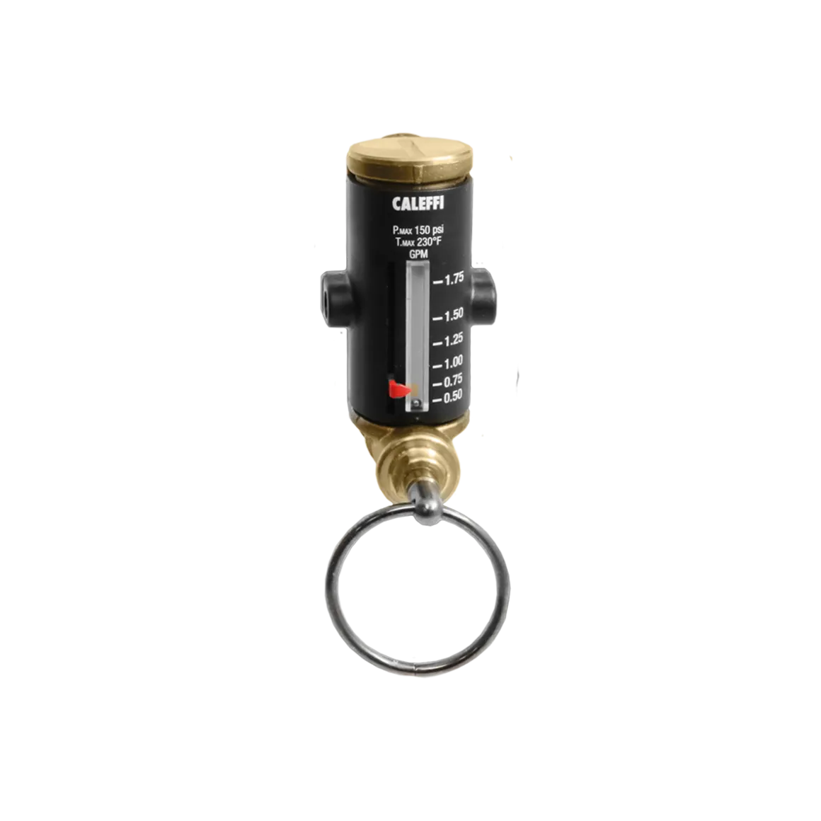Caleffi flow meter with brass fittings, black body, graduated scale display, and metal ring attachment.