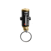 Caleffi flow meter with brass fittings, black body, graduated scale display, and metal ring attachment.