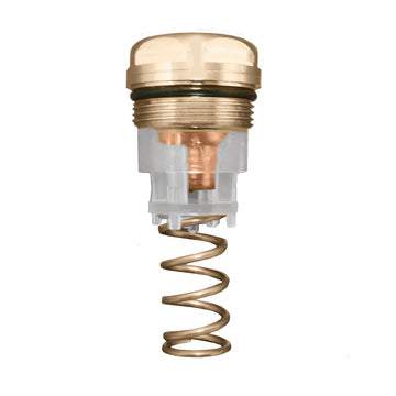 Brass thermostatic cartridge with coiled spring and transparent lower chamber for water valve replacement.